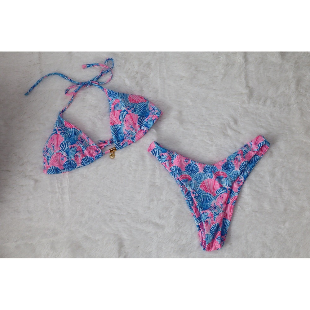 Pink Blue Tropical Bikini Set - Triangle Top & High-Cut Cheeky Swimsuit